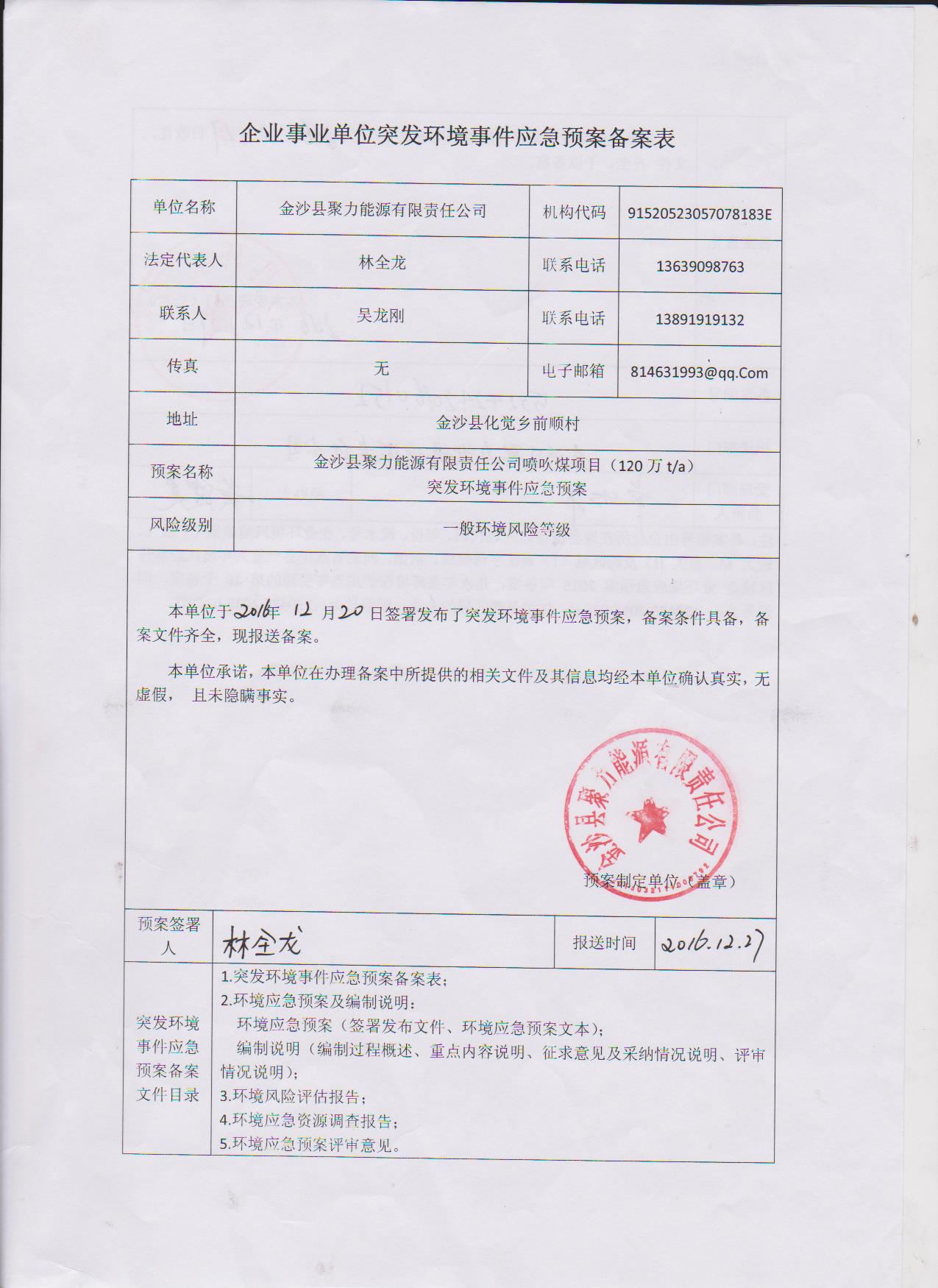 洗選項目突發環境事件應急預案備案表