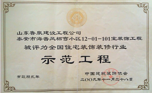 泰安市海普凤栖弯12-01-101被评为全国住宅装饰装修行业
