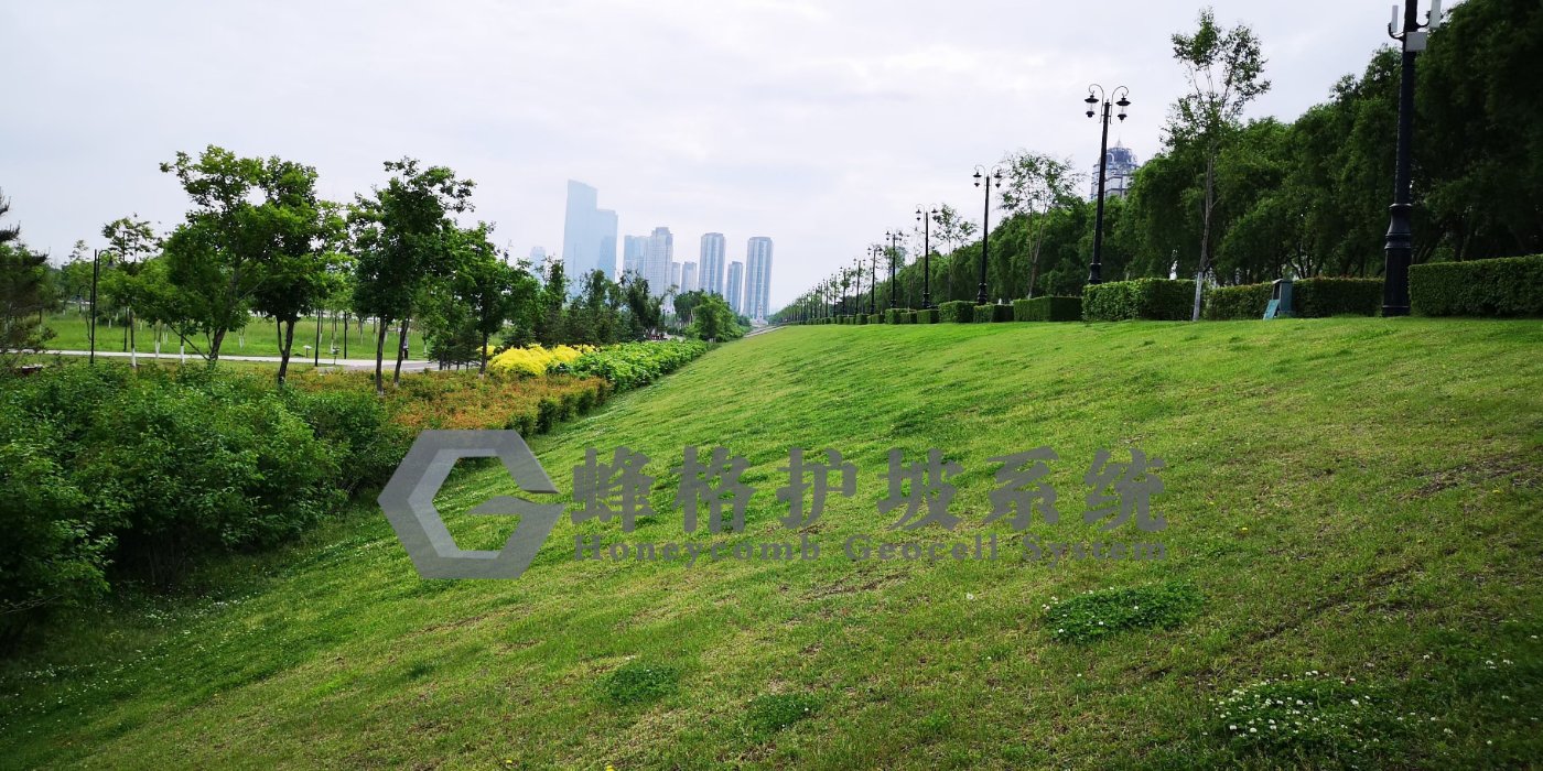 防洪堤生态护坡与江畔带状公园自然契合