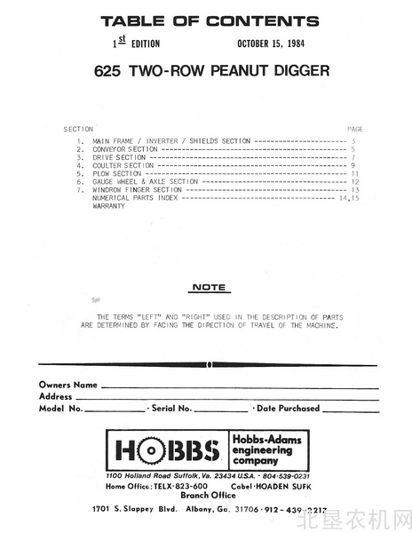 Hobbs 625 二行花生起收机零件目录
