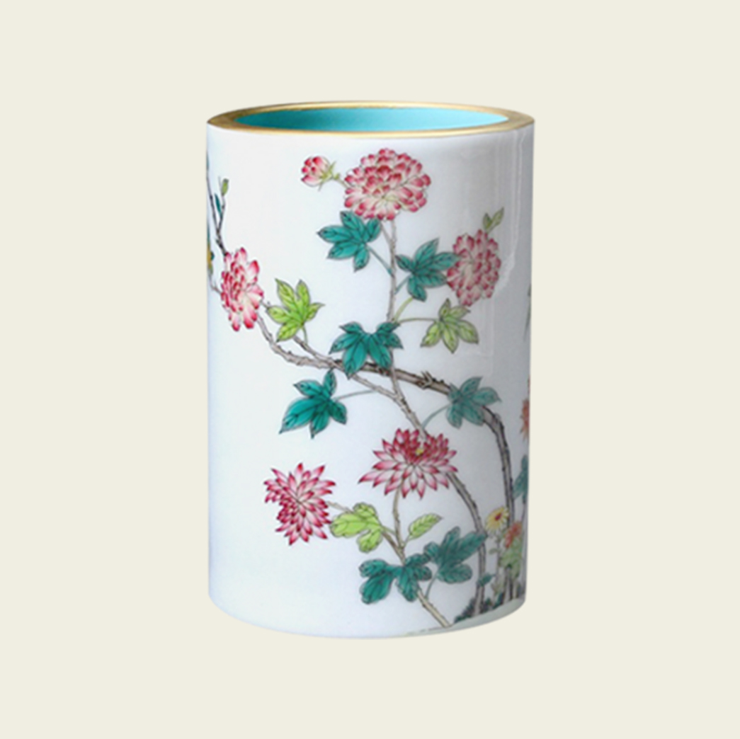 清·光绪 粉彩四时花卉诗文笔筒