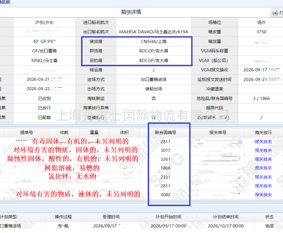 马士基达沃619A上海到吉大港危险品拼箱：UN2811UN3077UN3261等订舱