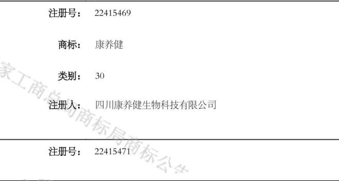 热烈庆祝四川康养健生物科技有限公司成功申请”康养健”商标!