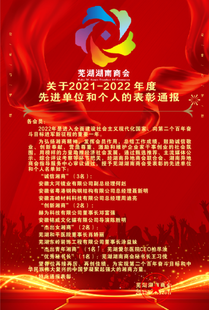 荣获湖南异地商会联合会表彰的单位和个人通报